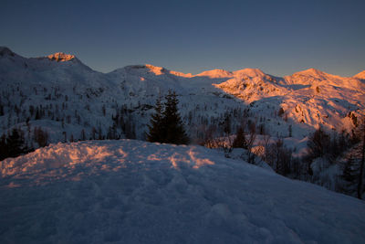 Scenic view of snow covered mountains against sky