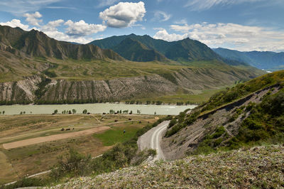 Scenic view of landscape and mountains against sky