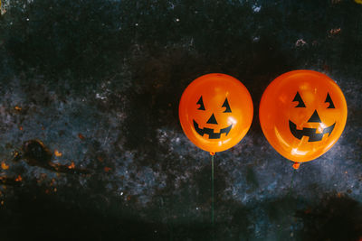 High angle view of illuminated halloween pumpkin