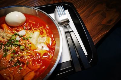 High angle view of food served in plate on table