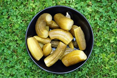 High angle view of cucumbers in bowl