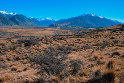 Scenic view of snowcapped mountains against blue sky