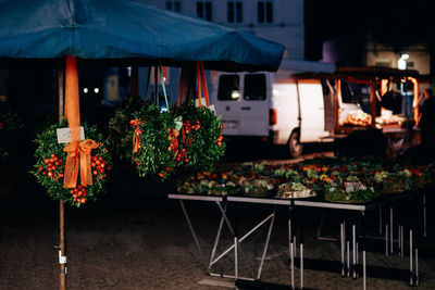 Flowers on table at night