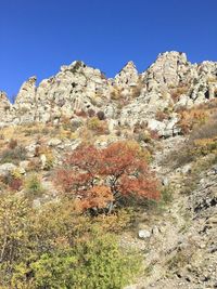 Scenic view of mountains against clear blue sky