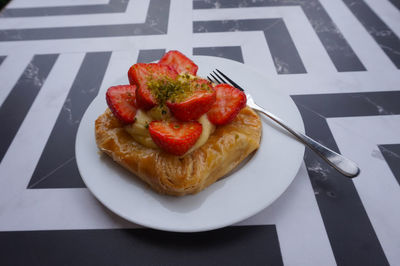 High angle view of dessert in plate on table