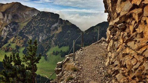 High angle view of mountains against cloudy sky