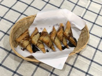 High angle view of food in plate on table