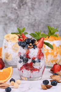 Chia pudding is made with greek yogurt and pieces of fruit and honey. vegan-adaptable. gluten-free