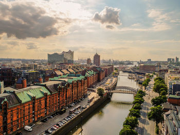 High angle view of city against cloudy sky