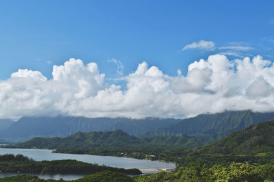 Scenic view of lake and mountains against sky