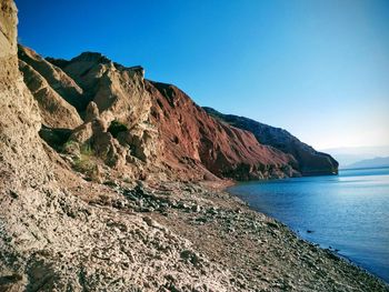 Scenic view of rocks by sea against clear blue sky