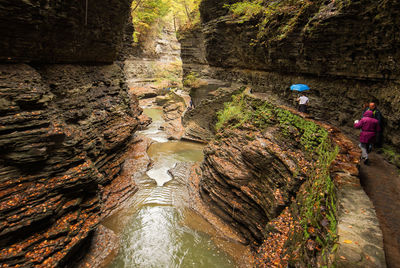 People walking by rock formation in forest