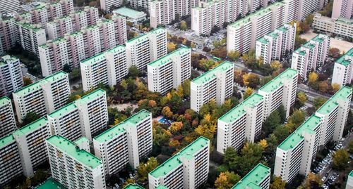 High angle view of modern buildings in city