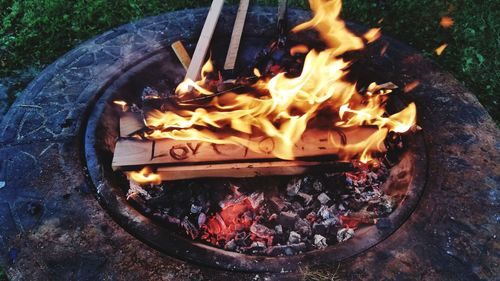 High angle view of bonfire