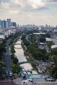 High angle view of buildings in city against sky