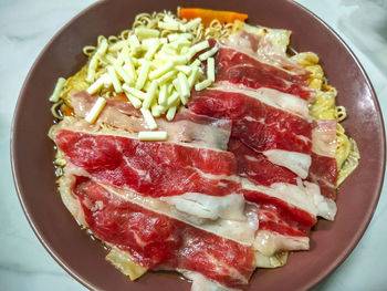 High angle view of breakfast served in plate