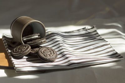 High angle view of objects on table