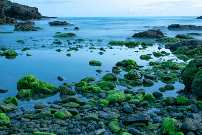 Rocks in sea against sky