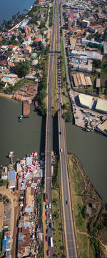 High angle view of road amidst buildings in city