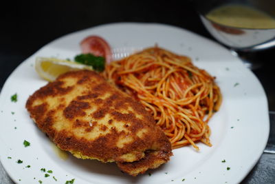 High angle view of food served in plate