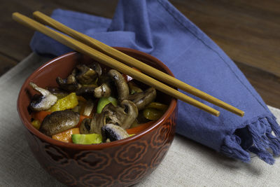 High angle view of vegetables in bowl on table