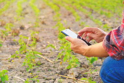 Midsection of man using mobile phone