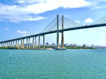 View of suspension bridge against cloudy sky