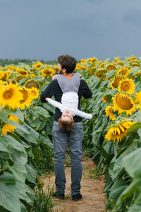 A father is having fun with his little son, walking through a field with sunflowers on a summer day