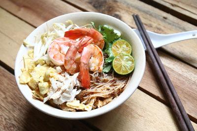 High angle view of salad in bowl on table