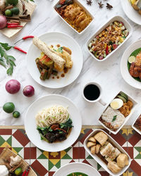 High angle view of food served on table