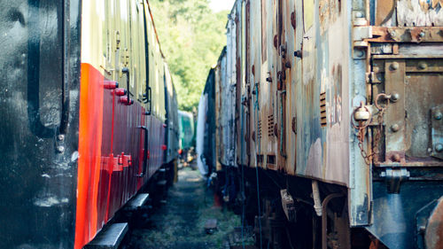 View of train passing through buildings