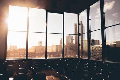 Cityscape seen through window