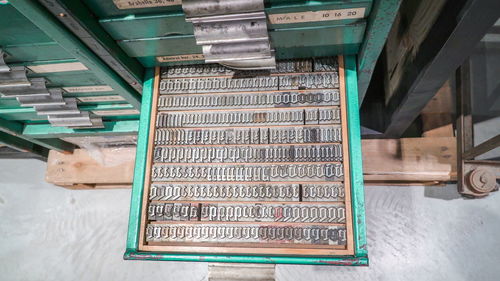 High angle view of information sign in factory