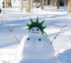 Snowman on snow covered landscape