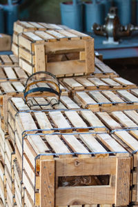 Wooden crates with finished products in stock. close-up