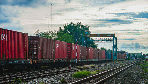 Train on railroad tracks against sky