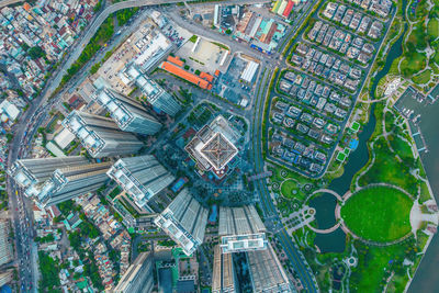 High angle view of buildings in city