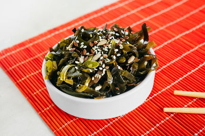 High angle view of vegetables in bowl on table