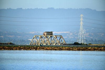 Electricity pylon by river against sky