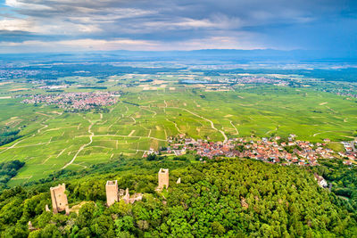 High angle view of buildings against sky