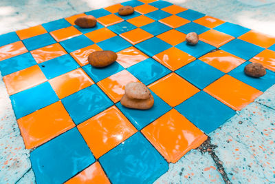 High angle view of patterned on table