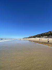 Scenic view of beach against clear blue sky