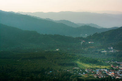 High angle view of landscape against mountains