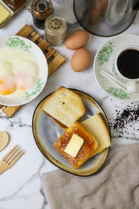 High angle view of breakfast served on table