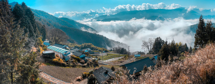 High angle view of trees and houses against sky