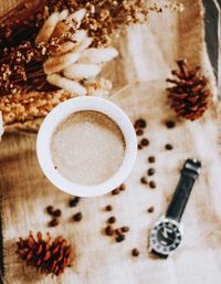 High angle view of coffee cup on table