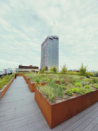 Low angle view of modern buildings against sky