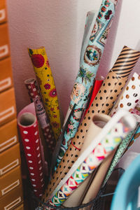Close-up of colorful ribbons hanging on rack