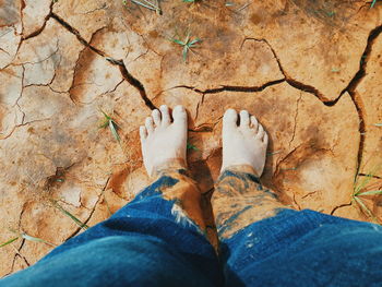 Low section of man standing with muddy jeans on cracked field