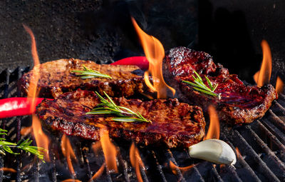 Close-up of food on barbecue grill
